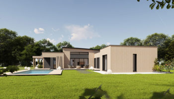 Plan maison bois de plain-pied en L et 4 chambres