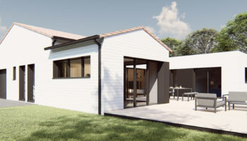 Plan maison bois plain-pied en L et toiture en tuiles