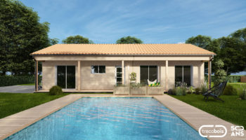 Plan maison bois plain-pied en tuiles et piscine