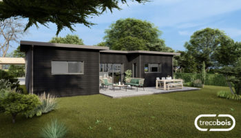 Plan maison bois en U avec bardage noir