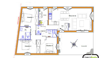 Plan maison bois bardage gris et toit tuiles