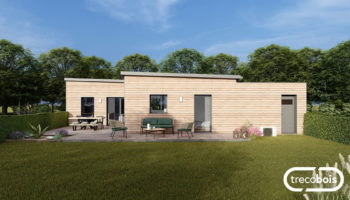 Plan maison bois plain-pied avec garage et arrière-cuisine