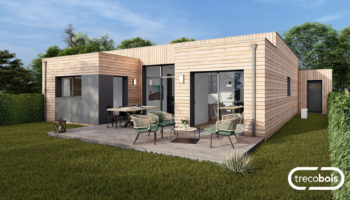 Plan maison bois de plain-pied en U avec garage