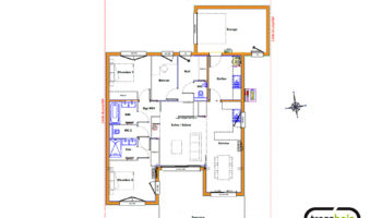 Plan maison bois de plain-pied en U avec garage
